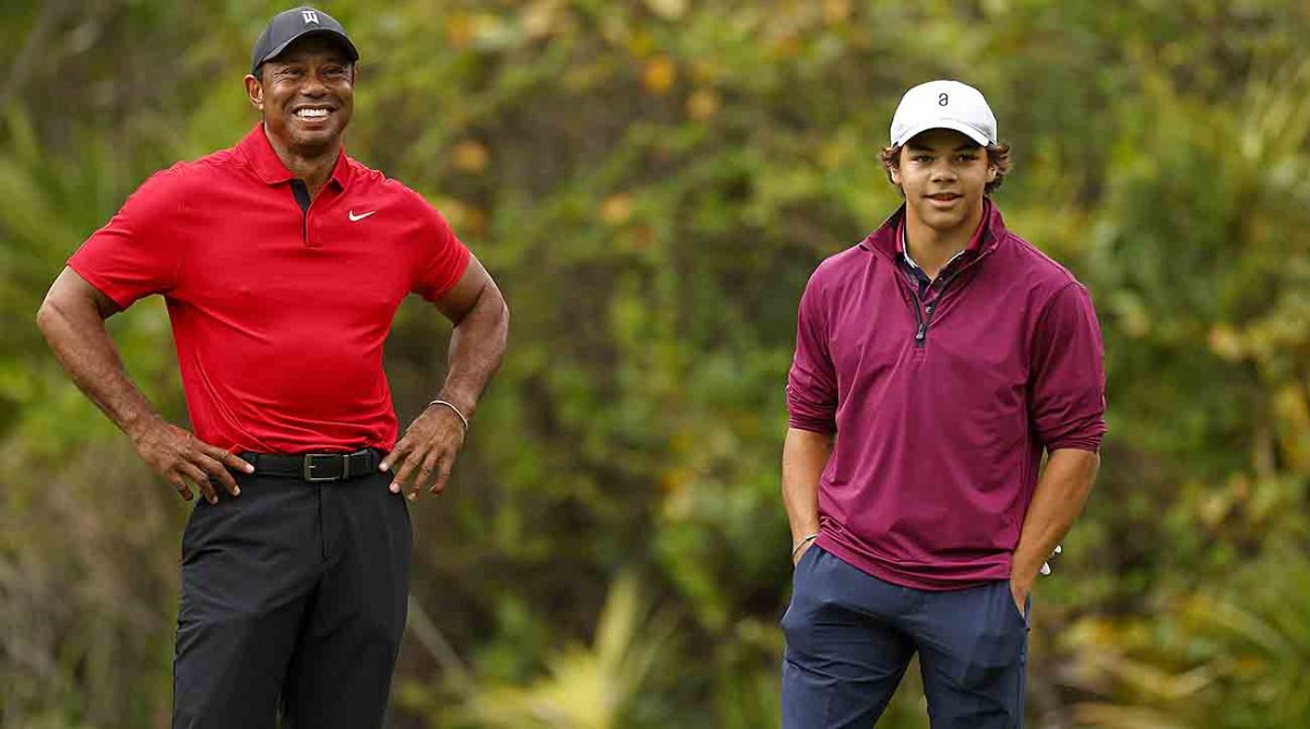 Tiger Woods and son Charlie are pictured at the 2023 PNC Championship in Orlando, Fla.